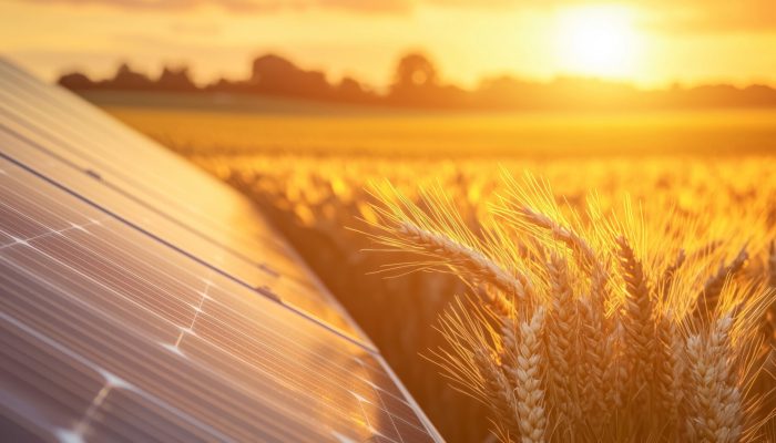 Close-up image of solar panels in a wheat field in sunset light